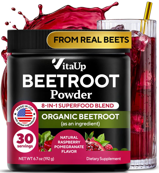 VitaUp Beet Root Powder 8in1 front label showcasing USA-made blend for daily vitality.