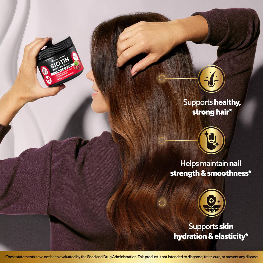 VitaUp Biotin Gummies collagen label detail highlighting hydration benefits.