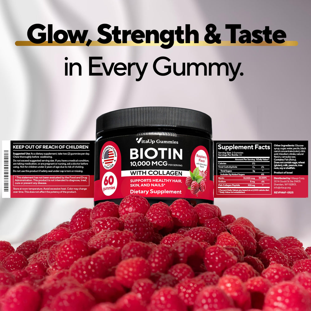VitaUp Biotin Gummies on kitchen counter with healthy vibe.