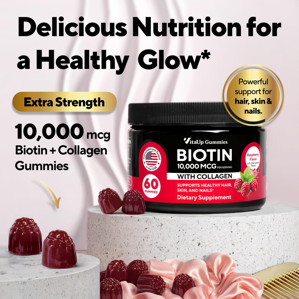 VitaUp Biotin Gummies two-per-day serving illustration showing daily routine.