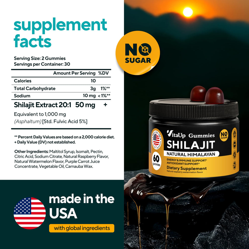 VitaUp Himalayan Shilajit Gummies 60-count bottle highlighting minerals and fulvic acid for vitality.