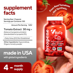 VitaUp Lycopene 30mg tomato extract close-up highlights natural antioxidant content