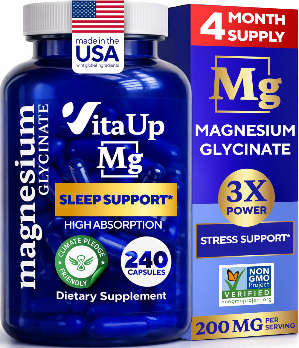 VitaUp Magnesium Glycinate bottle packaging highlighting easy-to-swallow capsules for daily wellness
