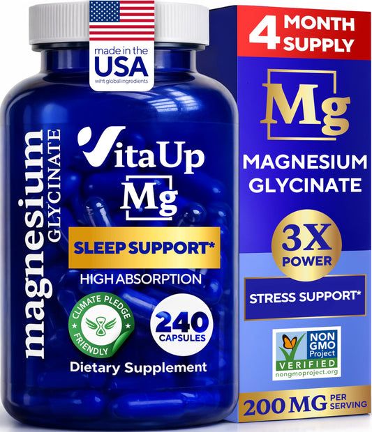 VitaUp Magnesium Glycinate bottle packaging highlighting easy-to-swallow capsules for daily wellness