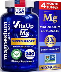 VitaUp Magnesium Glycinate bottle packaging highlighting easy-to-swallow capsules for daily wellness