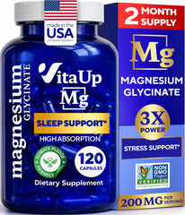 VitaUp Magnesium Glycinate bottle on a desk for evening relaxation