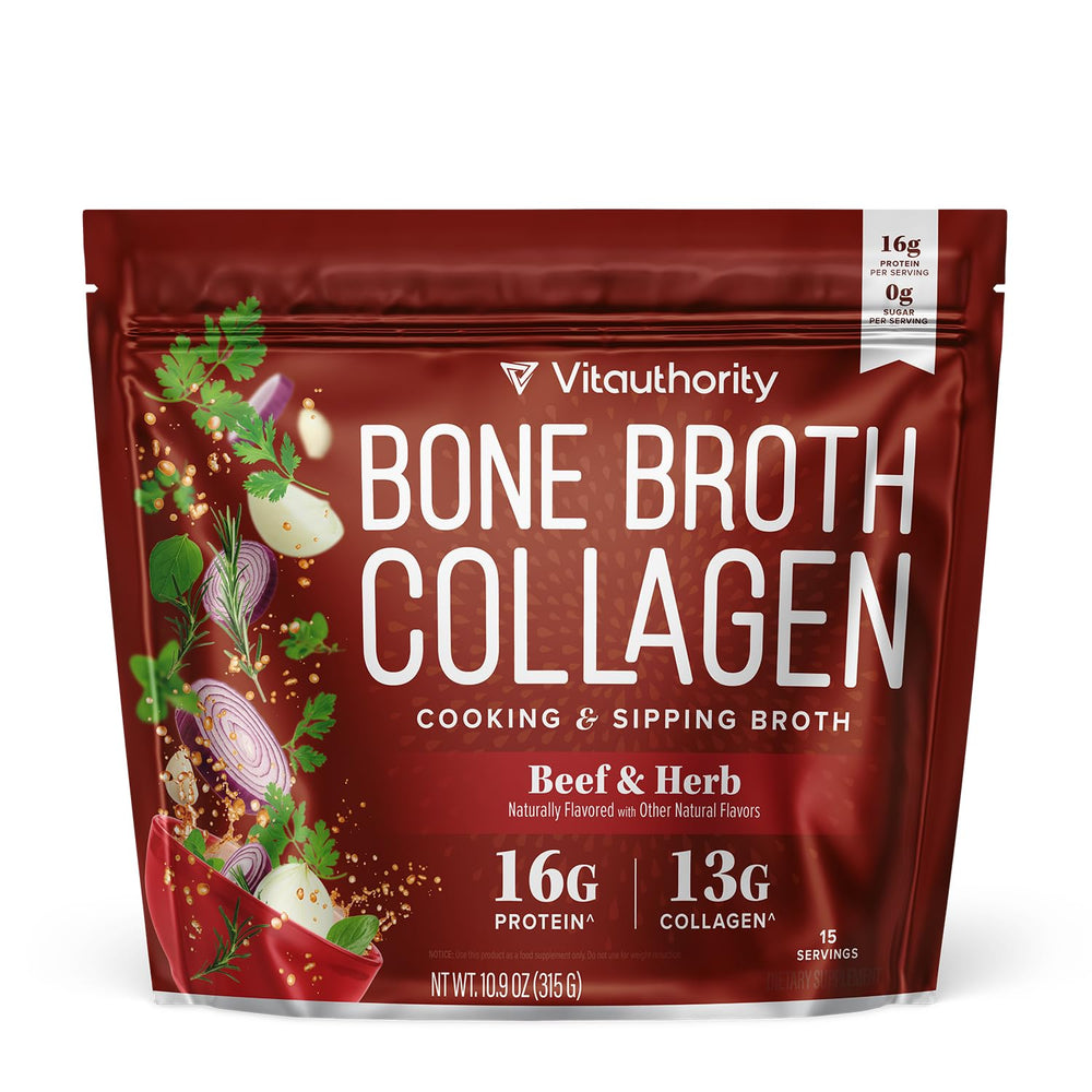 Vitauthority beef bone broth collagen bottle showcases 16g protein per serving for daily nourishment.