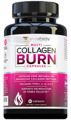 Vitauthority Multi Collagen Burn bottle highlights five collagen types for skin and joints.