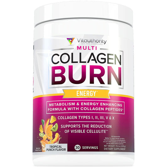 Vitauthority Multi Collagen Burn tropical punch bottle highlighting flavor and energy support