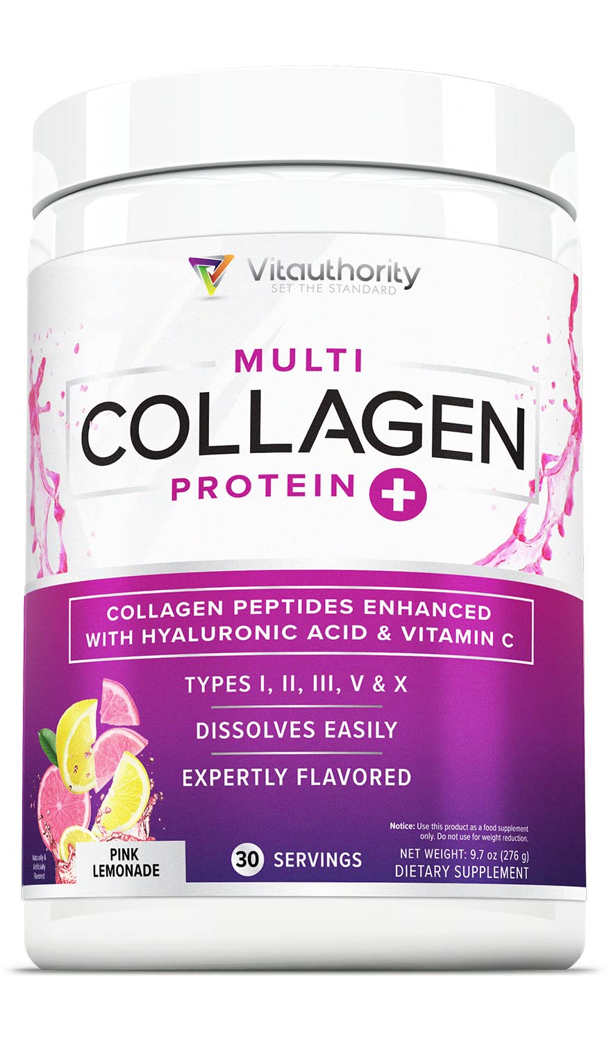Vitauthority multi collagen powder pink lemonade tub for daily beauty support.