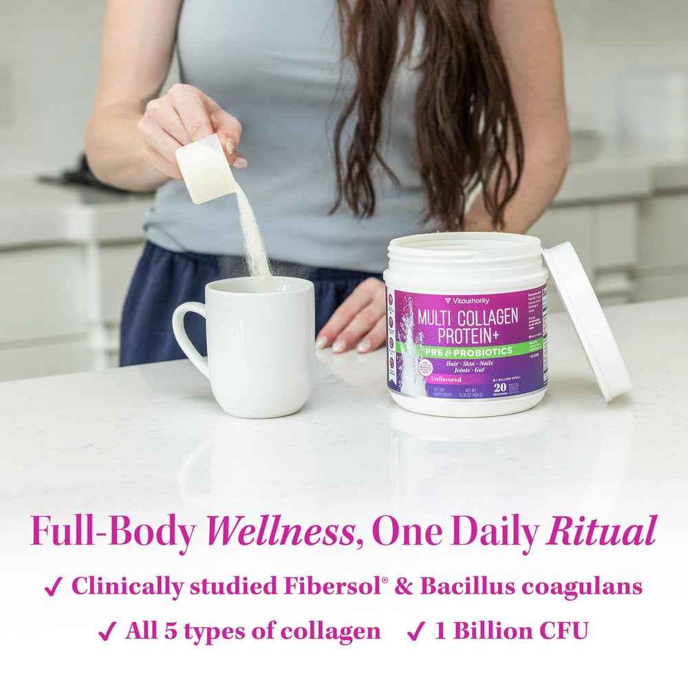 Vitauthority bottle pour into glass for daily beauty and gut support