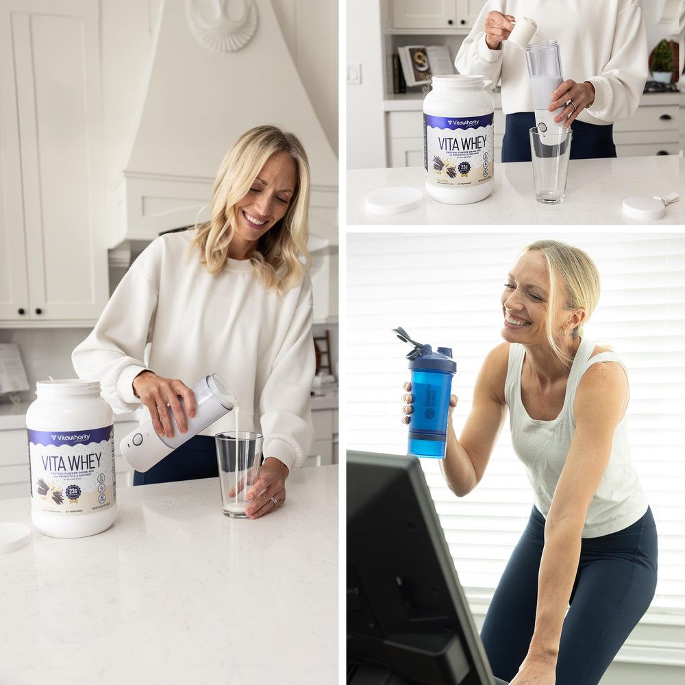 Vitauthority Whey Protein nutrition label highlights protein and probiotic blend for digestion