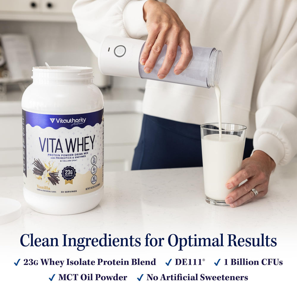 Vitauthority Whey Women vanilla shake glass shows smooth texture and great taste.