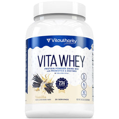 Vitauthority Whey Protein for Women vanilla tub label highlights quality protein for daily nutrition.