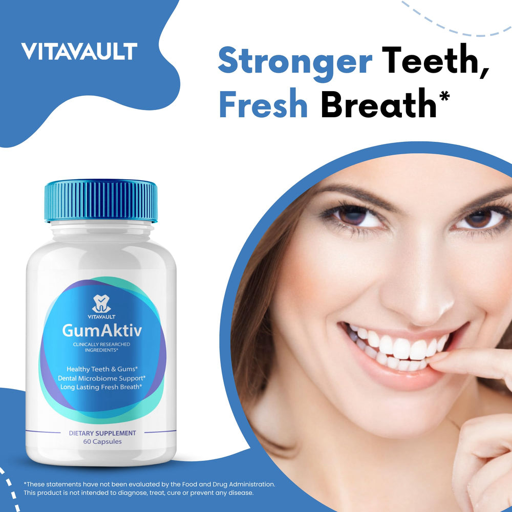 Vitavault GumAktiv bottle on vanity for morning routine.