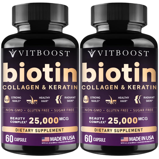 Vitboost Biotin Hyaluronic Acid bottle showcases hydration support for hair and skin.