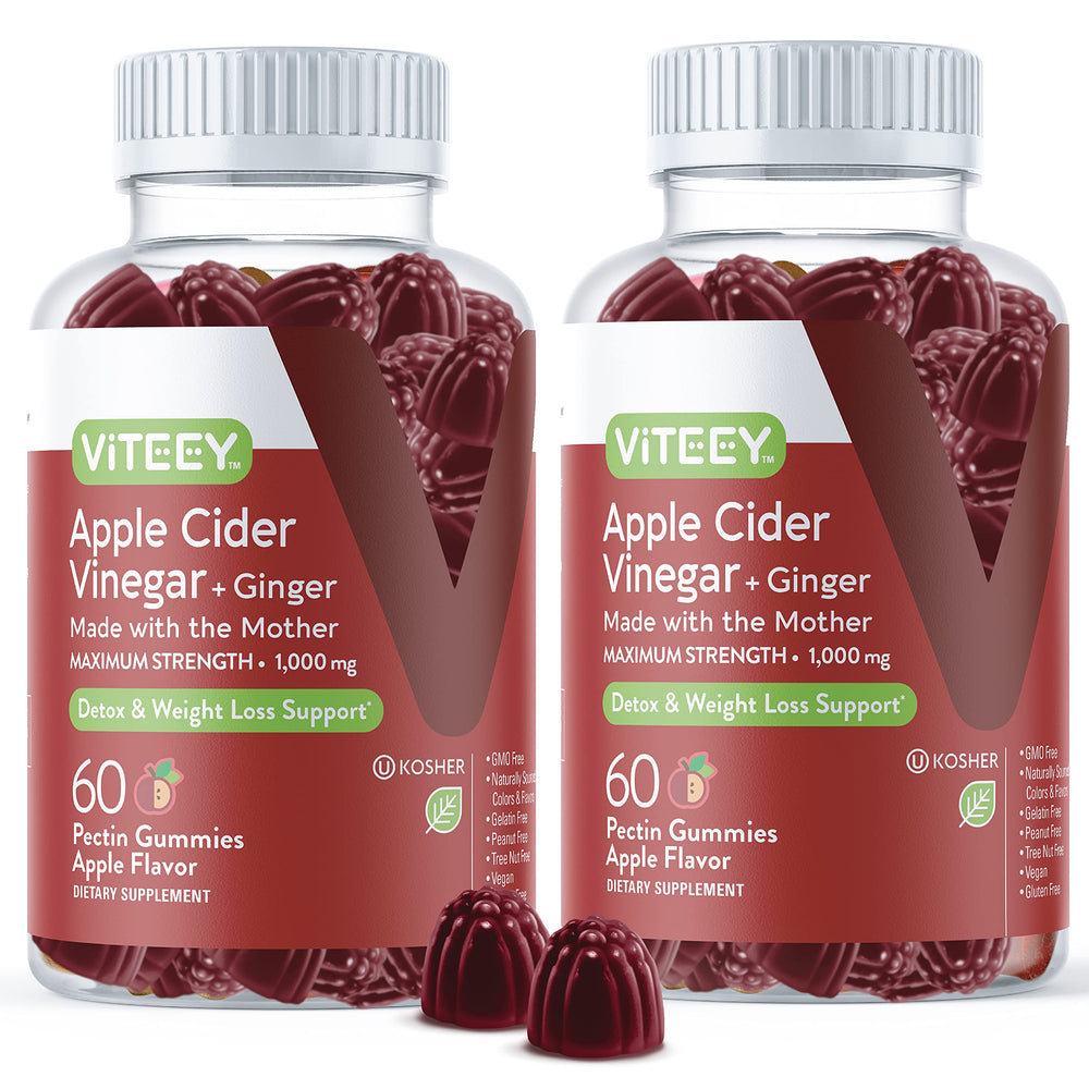 Viteey ACV gummies bottle front with ginger hint for flavor