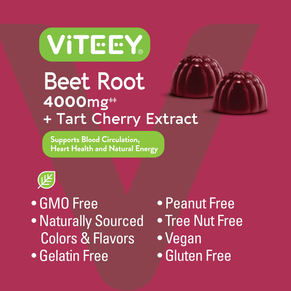 Viteey Beet Root Gummies label close-up showing vegan, gluten-free formula for clean daily snacking.
