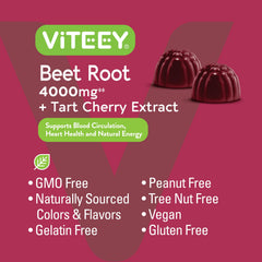 Viteey Beet Root Gummies label close-up showing vegan, gluten-free formula for clean daily snacking.