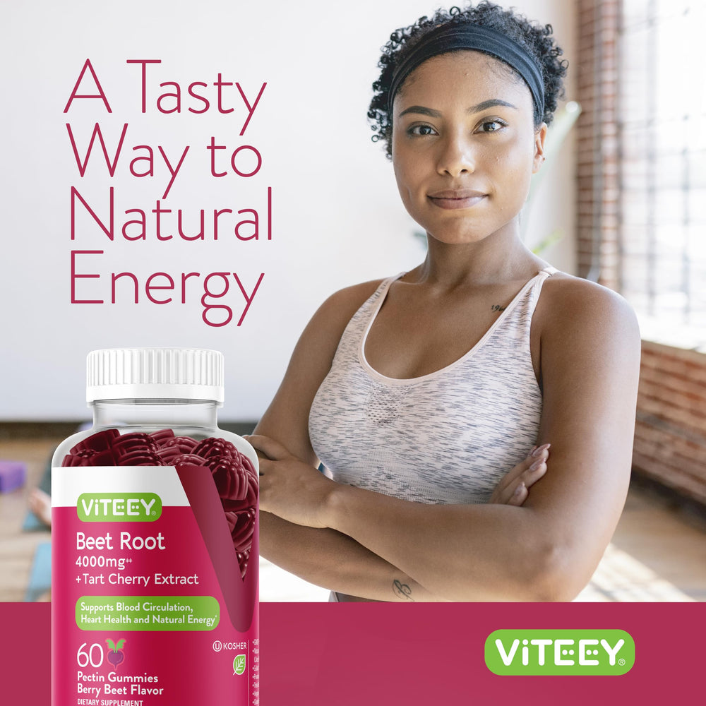 Viteey Beet Root Gummies bottle with tart cherry ingredients for flavorful wellness.