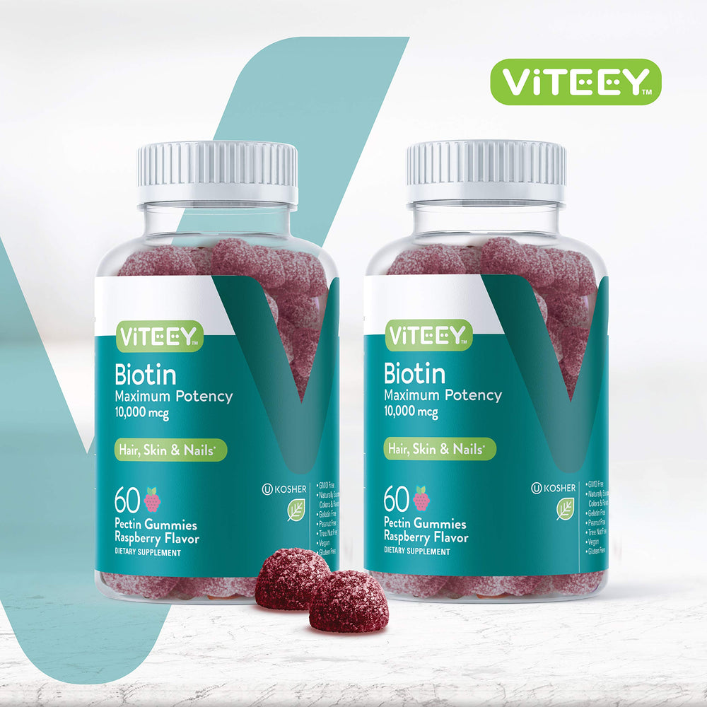 Viteey Biotin Gummies raspberry gummies close-up for convenient daily use.