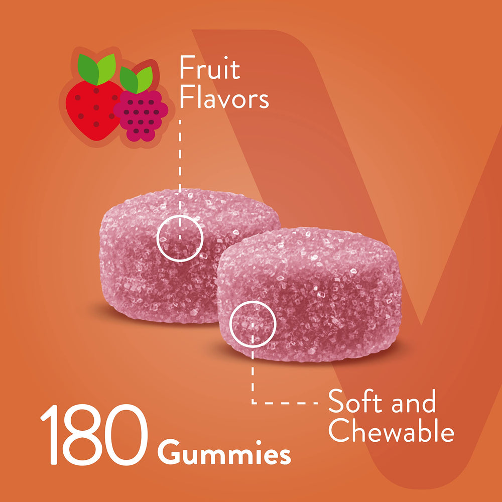 Three gummies on a spoon showing daily calcium with magnesium and D3.