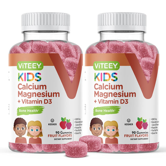 Viteey Kids Calcium Gummies bottle with fruit-flavored chews for growing bones.
