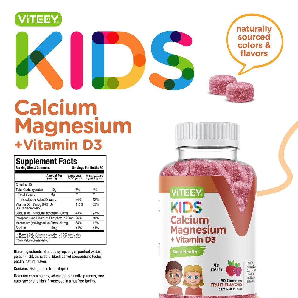 Viteey Kids Calcium Gummies ingredients chart showing calcium, magnesium, and D3.