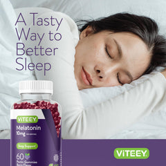 Nighttime routine scene with Viteey gummies on a bedside table.