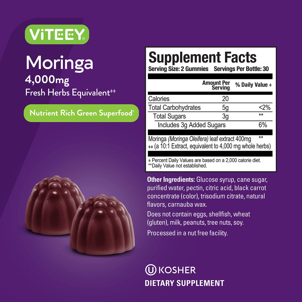 Viteey Moringa Gummies nutrition facts label close for informed choice