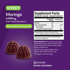 Viteey Moringa Gummies nutrition facts label close for informed choice
