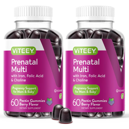 Viteey Prenatal Gummies bottle-front shows a convenient daily prenatal option.