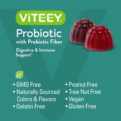 Viteey Probiotic Gummies with prebiotics for balanced digestion.