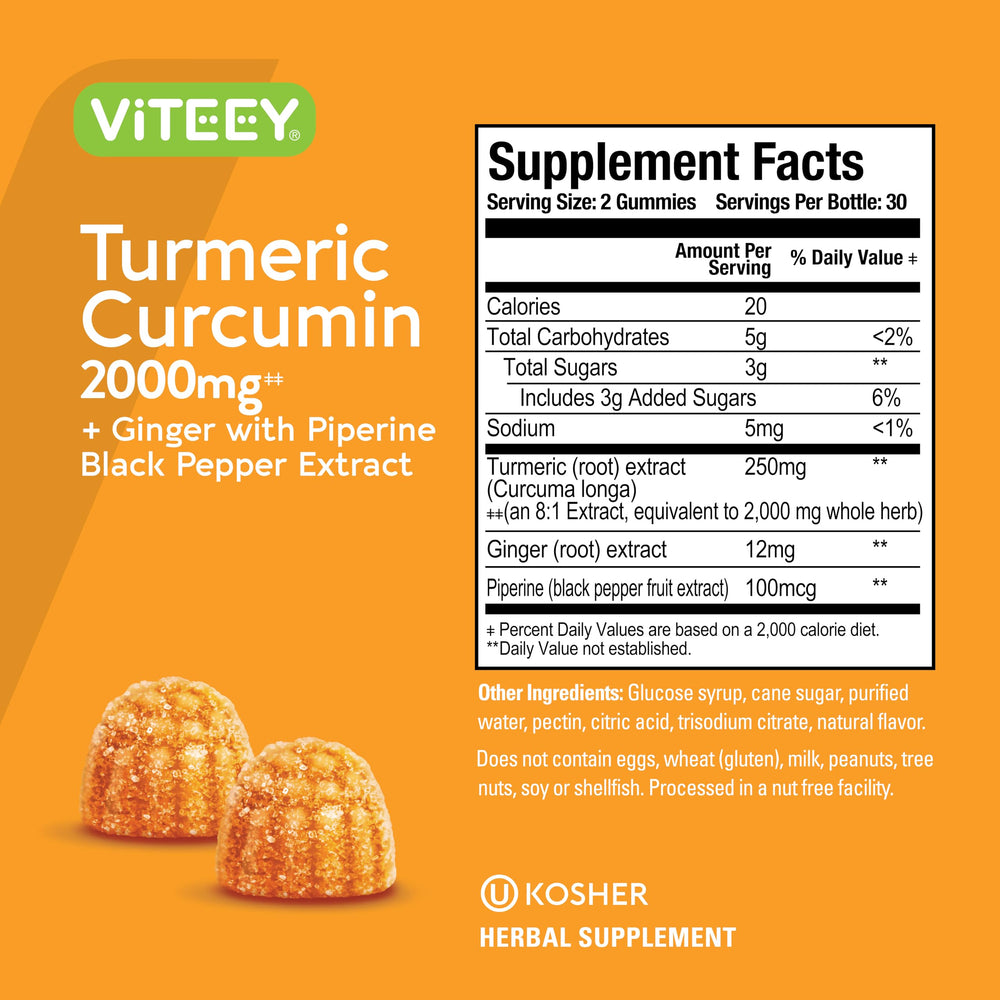 Viteey Turmeric Curcumin Gummies label, vegan, kosher, and allergen-friendly.