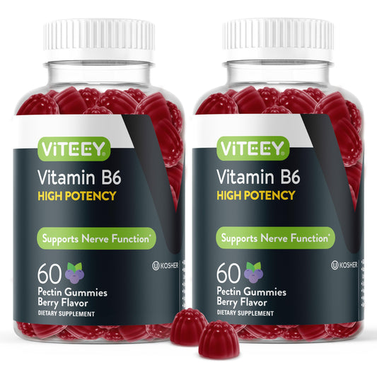 Viteey Vitamin B6 Gummies bottle displays 120 treats for daily energy support.