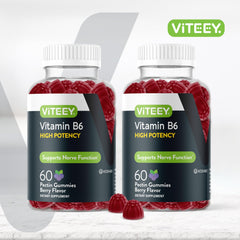 Viteey B6 gummies closeup shows berry candies for convenient daily calm and focus.