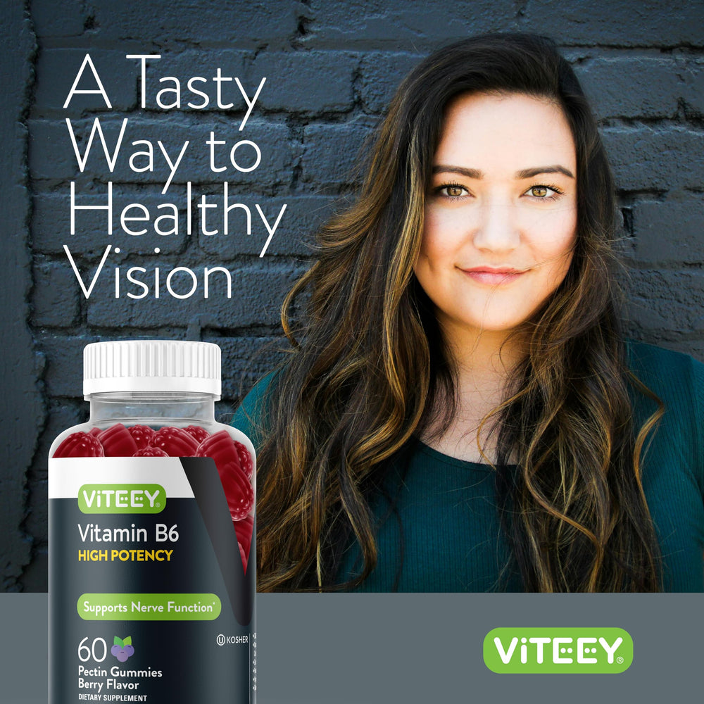 Viteey B6 gummies on desk during work breaks to support energy.