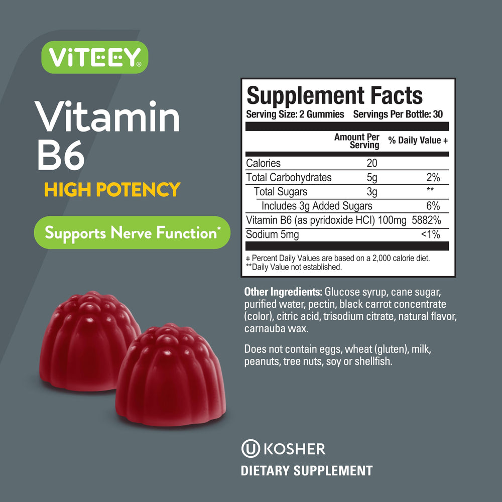 Viteey B6 Gummies vegan and gluten free badge highlights clean ingredients.