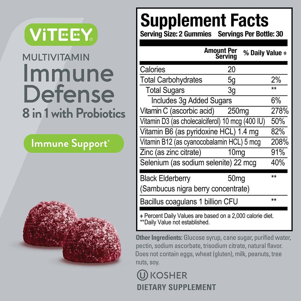 Viteey vitamin C and D3 berry gummies close-up emphasizing bright color and fruity flavor.