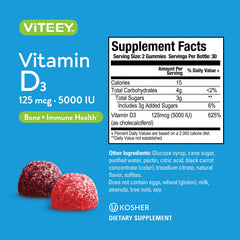 Viteey Vitamin D3 Gummies ingredients list highlighting vegetarian, gelatin-free formula