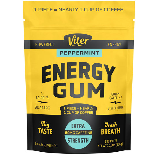 Viter Energy 60mg caffeine gum in peppermint, portable energy on the go.