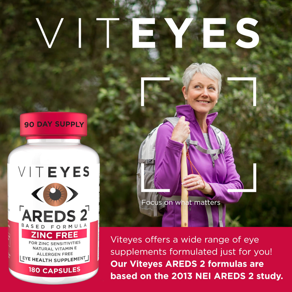 Viteyes AREDS-2 capsules closeup highlighting zinc-free formula benefits.