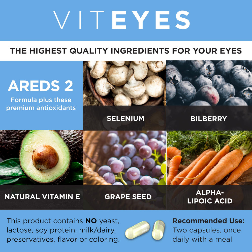 Viteyes AREDS2 advanced bottle label highlights ingredients and allergen-free promise