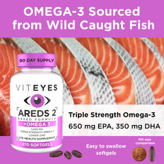 Caps closeup on Viteyes AREDS2 Omega-3 softgels for easy swallowing