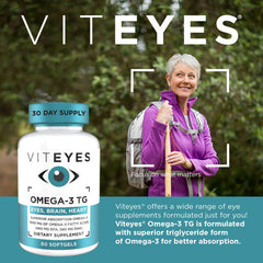 Viteyes Omega-3 TG softgels on pack showing two-per-day serving for daily eye and heart support.