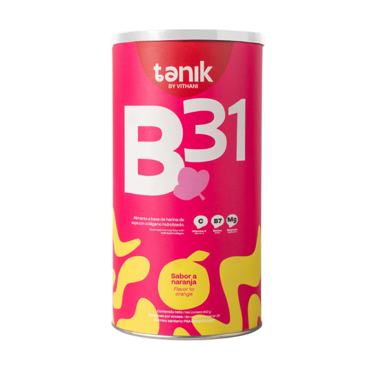 Vithani B31 collagen tub label shows nutrition details for daily support.