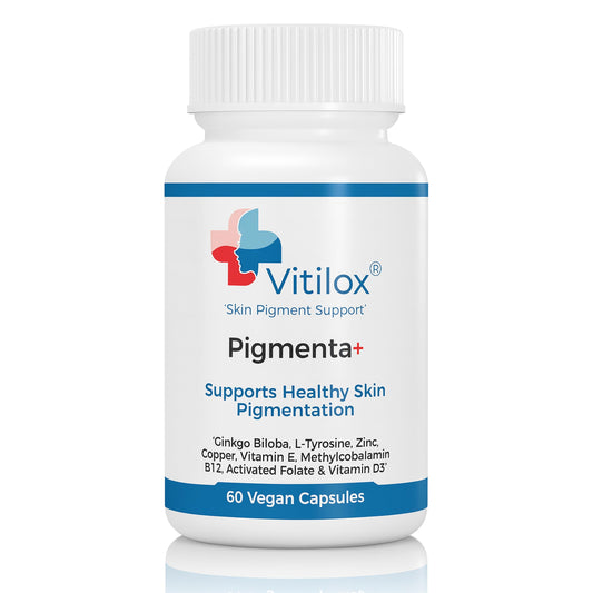 Vitilox Pigmenta+ capsules close-up highlighting daily skin tone support.
