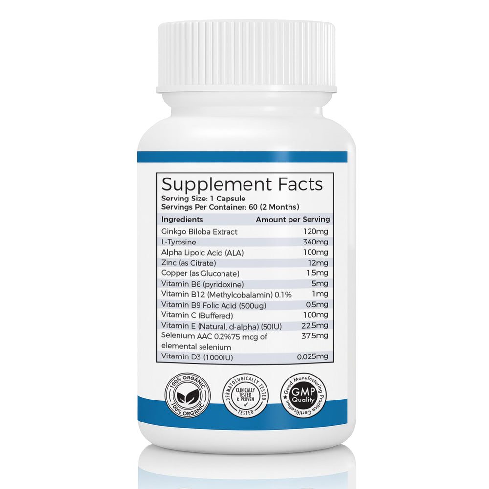 Vitilox Pigmenta+ ingredient list shows melanocyte nutrients and antioxidants.
