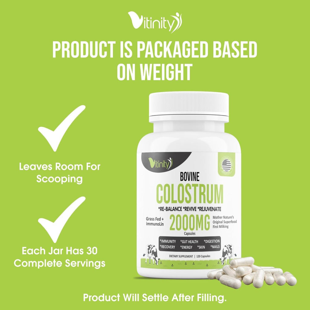 Close-up of VITINITY colostrum capsule bottle and label