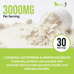Resealable tub of VITINITY colostrum powder showing freshness.